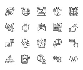 Outsource flat line icons set. Recruitment, partnership, teamwork, freelancer, part and full-time job vector illustrations. Outline pictogram for business. Pixel perfect 64x64. Editable Strokes