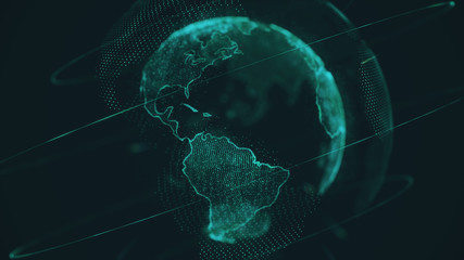 Global communication technology and telecommunication financial network around planet Earth. Blockchain and cryptocurrency concept with copyspace. Green tone