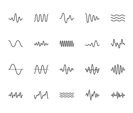 Sound waves flat line icons set. Vibration, soundwave, audio voice signal, abstract waveform frequency vector illustrations. Outline pictogram for music app. Pixel perfect 64x64. Editable Strokes
