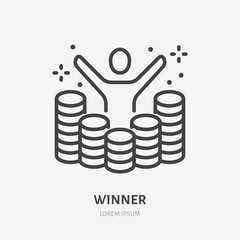 Lottery winner raises hands among gold coins line icon, vector pictogram of prize. Money winning illustration, casino reward sign