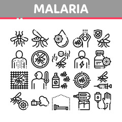 Malaria Illness Dengue Collection Icons Set Vector Thin Line. Malaria Mosquito, Spray And Protect Cream Bottle, Sick Human And Treatment Concept Linear Pictograms. Monochrome Contour Illustrations