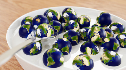 A cereal bowl of planet earth on a table, cereal bowl, world hunger, 3d render