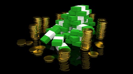 A pile of money, notes and coins on a glossy black background 3d illustration