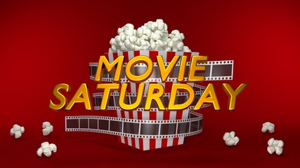 Movie saturday 3d text in front of popcorn wrapped with 9mm filmroll, 3D render