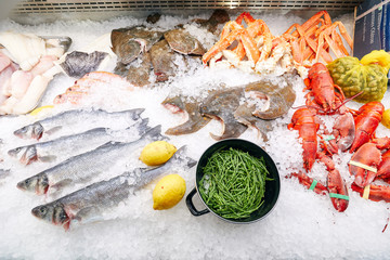 frozen seafood on display in ice, crayfish, various fish, herbs, lobsters, crabs