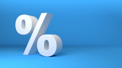 White percentage icon 3D on blue background 3d illustration