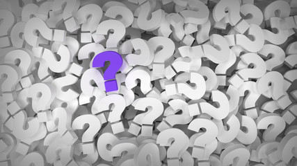 Purple question mark on a background of white question marks. 3d illustration design abstract