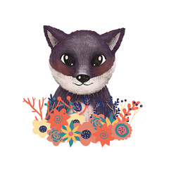 Cute hand drawn  wolf with floral arrangement. Pretty woodland  animal portrait on white background. Raster illustration.