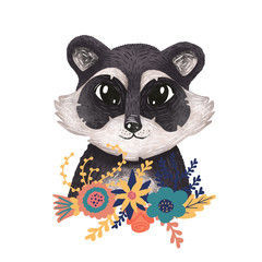 Cute hand drawn raccoon with floral arrangement. Pretty woodland  animal portrait on white background. Raster illustration.