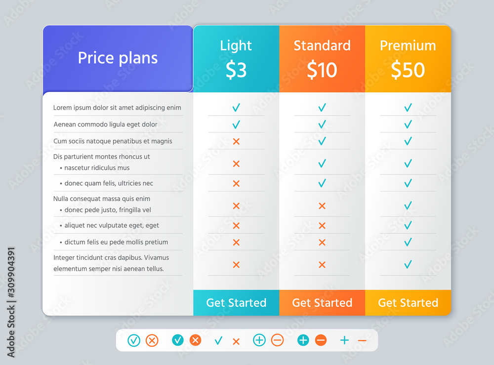 Wall mural table price chart. vector. comparison plan template with 3 columns. checklist compare banner. pricin