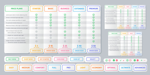 Table chart comparison. Vector. Price plan template. Checklist compare banner. Set pricing grid for purchases, business, web services, applications. Flat line illustration. Colorful outline design.