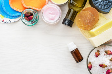 Body care products in recyling package. Zero waste and low impact concept