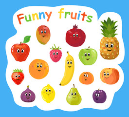 Set of cartoon funny fruits and berries. Cute fruit and berry with smiling faces. Vector illustration isolated on the white background.