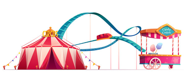 Carnival funfair with circus tent, roller coaster and candy cotton cart. Vector cartoon illustration of summer amusement park isolated on white background © vectorpouch