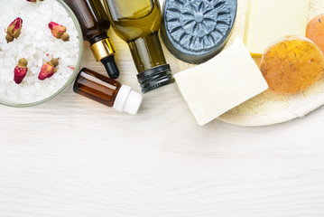 Body care products in recyling package. Zero waste and low impact concept