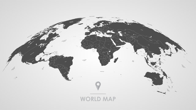 Fototapeta Szczegółowa globalna mapa świata, z granicami i nazwami krajów, mórz i oceanów, ilustracji wektorowych