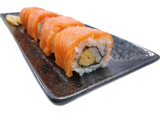 Fototapeta na wymiar Japanese food style, Top view of salmon roll isolated on white background, Ready to eat or serve