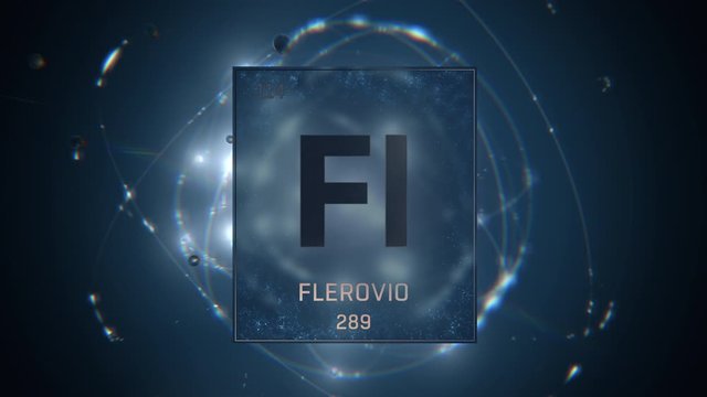 Flerovium as Element 114 of the Periodic Table. Seamlessly looping 3D animation on blue illuminated atom design background with orbiting electrons. Name, atomic weight, element number in Spanish langu