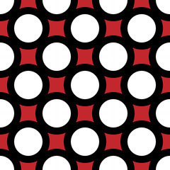 Black white geometric circles seamless pattern vector. Red background. Fabric texture design, wallpaper and tile.