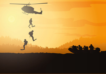 Naklejka premium Military vector illustration, Army background, soldiers silhouettes. 