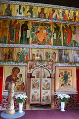 Kizhi, Karelia. Iconostasis and Royal gates and Northern Orthodox icons in the wooden Church of the Intercession of the mother of God on Kizhi island. Karelia (Pokrovskaya church)