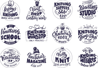 Knitting studio, handmade logo, phrases, stamp. Vector illustration black set.