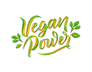 Fototapeta premium Vegan power lettering phrases, logo. Vector illustration,food design