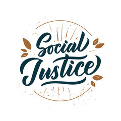 Social Justice phrase, logo, stamp. Creative lettering with rays.