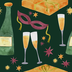 Seamless watercolor pattern with bottles of champagne, winwglass, masks and many small stars on a geep green background. For textile, wrapping paper and wallparer.