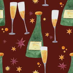 Watercolor seamless pattern with bottle of champagne, wineglasses, stars on the deep red background. May use for a wrapping paper, textile print.