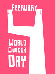 Hand stylized as number 4 holding the word February. World cancer day conceptual illustration.