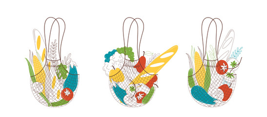 Eco shopping handbags with vegan product vector illustrations set