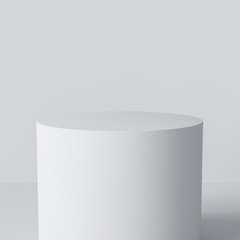 Object placement. Product display platform abstract minimalistic geometry. One step clean white podium isolated. Cylinder display. 3d rendering.