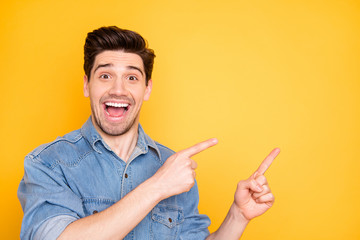 Photo of excited ecstatic overjoyed man screaming pointing into empty space at sales with...