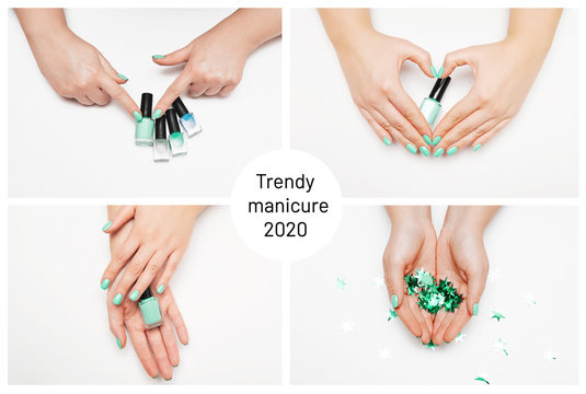 Collage with photos of trendy manicure in mint color on white background.