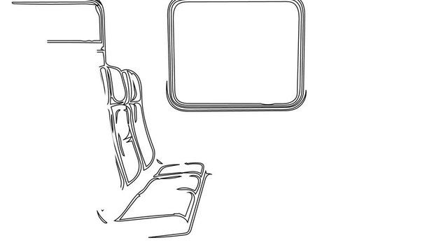 Self drawing line art sketch of Train, commuter shuttle inside interior with seats, windows, shadows, Concept of transport, commuter trains, travel. Animation, copy space, sketch style.