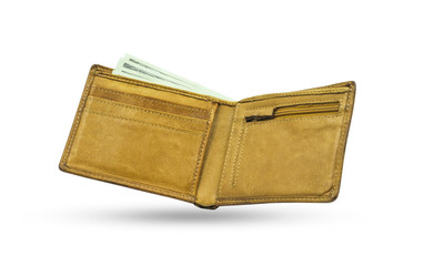Close-up of Wallet short brown genuine leather texture with banknotes inside isolated on white background.  Male purse with clipping path.