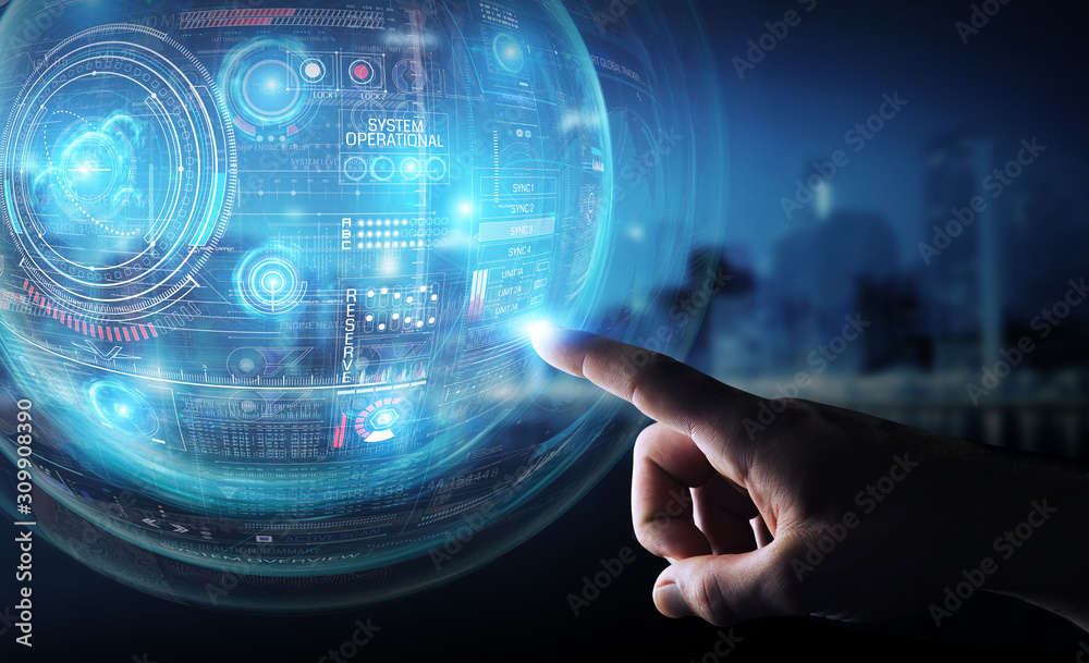 Aufkleber Businessman using digital technological interface with datas 3D rendering