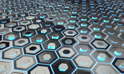 Glowing black and blue hexagons background pattern on silver metal surface 3D rendering