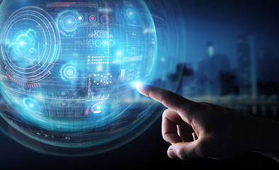 Businessman using digital technological interface with datas 3D rendering