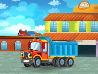 cartoon scene with car vehicle on the road near the garage or repair station - illustration for children