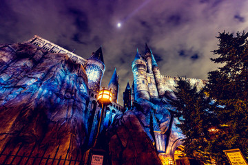 Fototapeta premium OSAKA, JAPAN - AUGUST 12, 2018: Night view of Hogwarts Castle. The Wizarding World of Harry Potter in Universal Studios Japan. Universal Studios Japan is a fun and famous theme park in Japan.