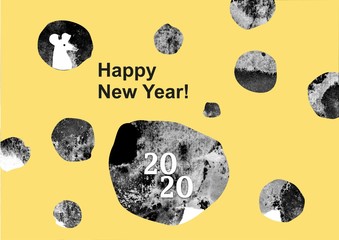 New Year card. stylized cheese postcard. White rat. Handwork. new year 2020. Black and white background.