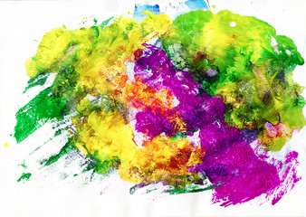 Abstract background, hand-painted texture, splashes, drops of paint, paint smears. Design for backgrounds, wallpapers, covers and packaging. ragged edge. yellow, green, pink, magenta smudges of paint.