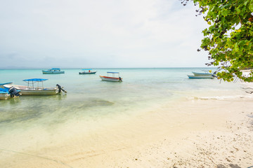 Cayo Levantado  nickname Bacardi island, Small port with tourist ships and fishing boats moored,Samana peninsula,Dominican republic