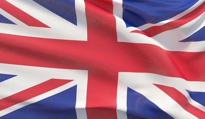 Waving national flag of UK. Waved highly detailed close-up 3D render.