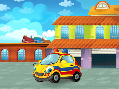 cartoon police car driving through the city or parking near the garage - illustration for children