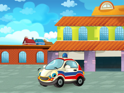 cartoon police car driving through the city or parking near the garage - illustration for children