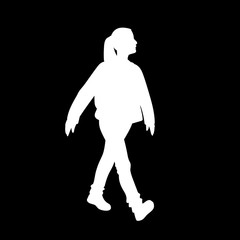 Girl taking a walk. White silhouette isolated on black background. Concept. Vector illustration of girl in street wear going for a stroll. Stencil. Monochrome minimalism.