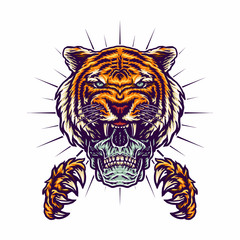 Skull in tiger claws color illustrations using a hand drawing style continued with digital coloring, this is a combination of hand drawing style and digital color